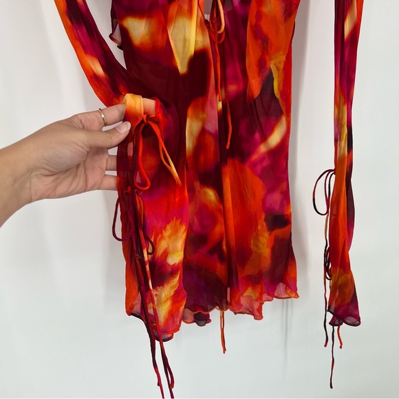 Rat & Boa Dali Red Watercolor Ruffle Tie Front Sheer Low Back Mini Dress XS - Picture 7 of 15